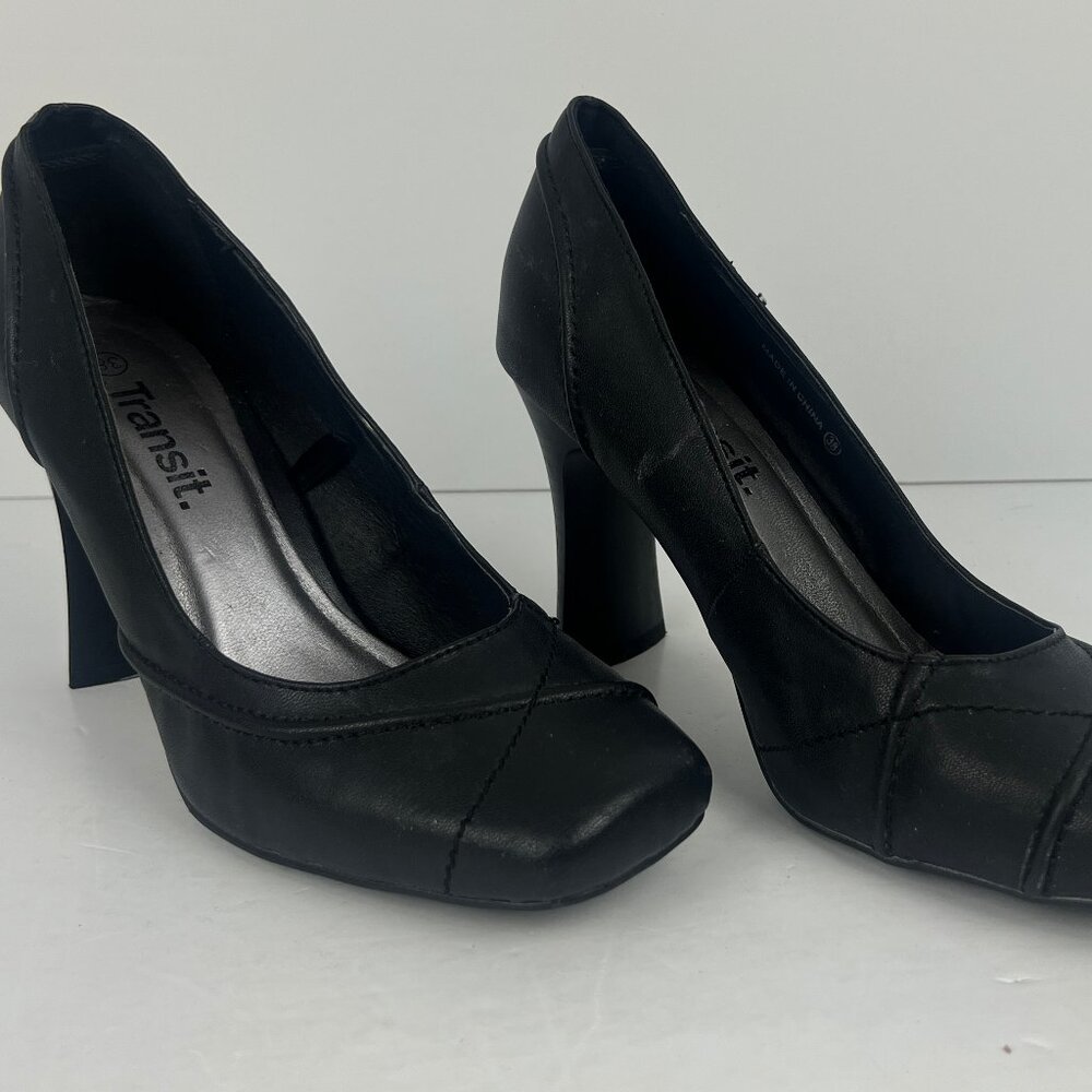 Transit Pump Heels Size 8 EU 38 Black Faux Leather Mule Heel 3.5in Square Toe